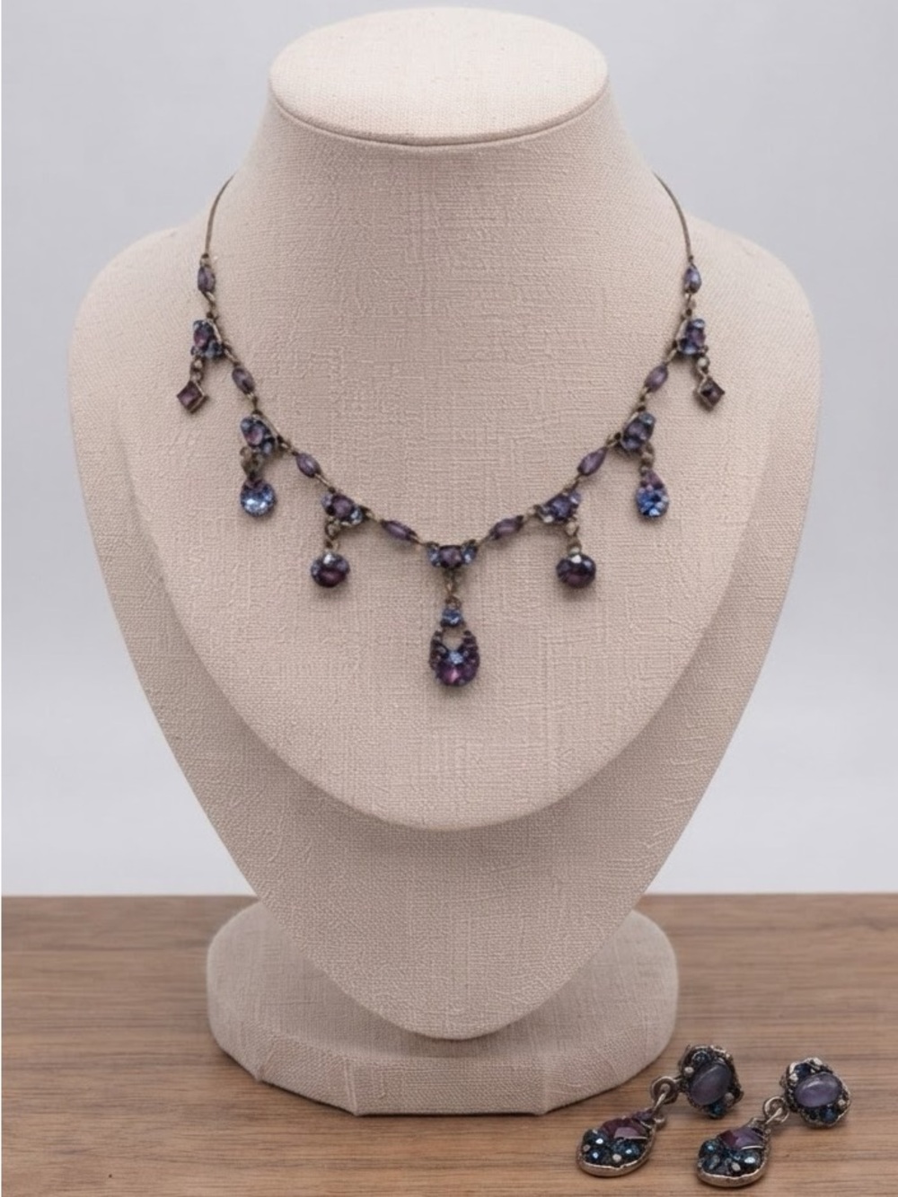 Vintage-Inspired Purple & Blue Necklace and Earring Set